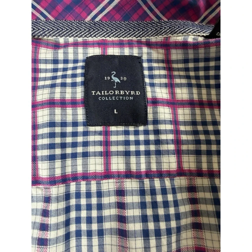 Tailorbyrd Men's L Blue/Pink Button Down Long Sleeve Flip Cuff Plaid Shirt